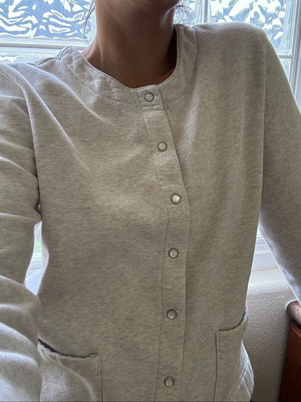 Covington women's Large grey cream relaxed button up sweater coat cozy comfortab